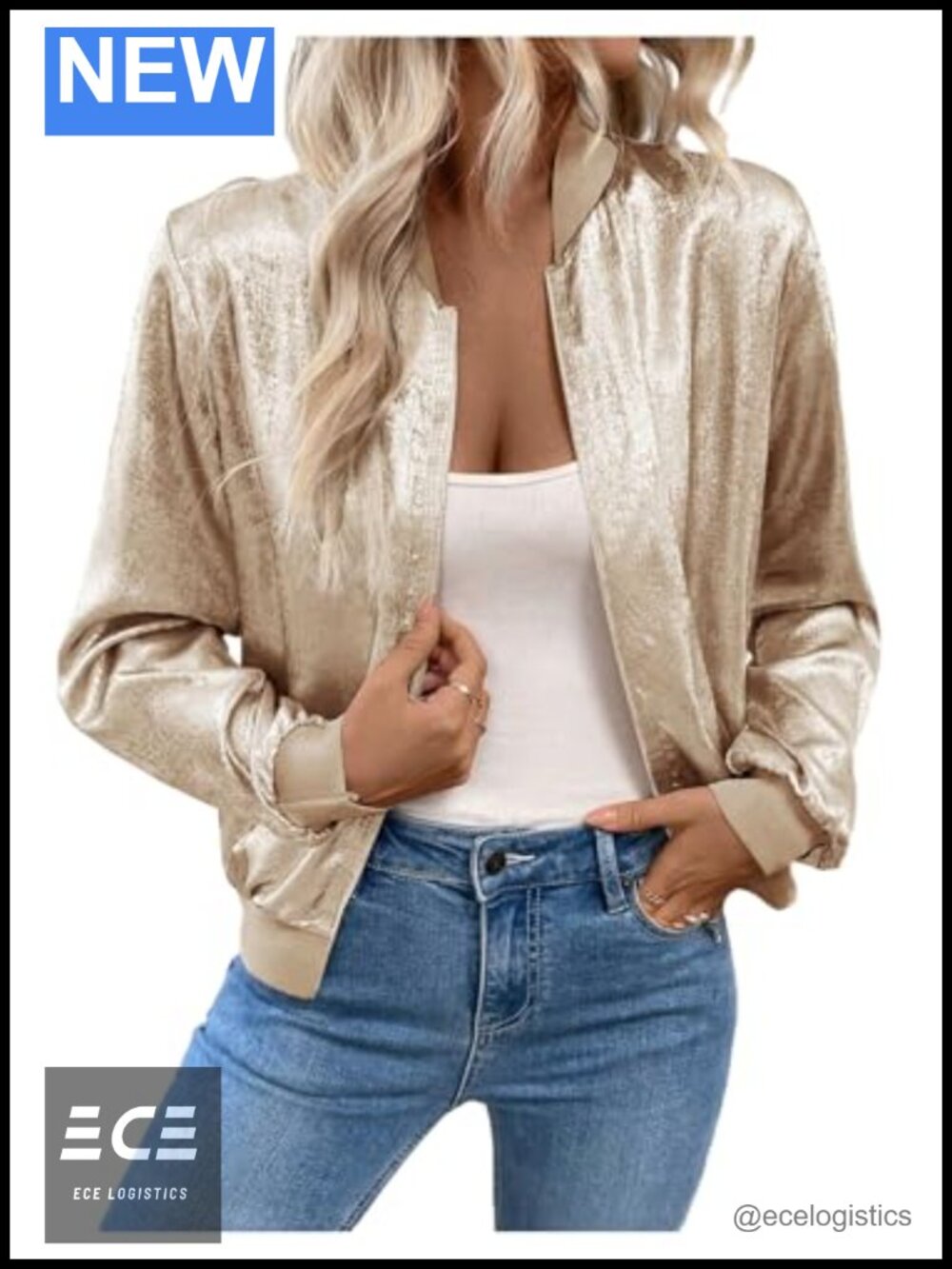 Metallic Bomber Jacket Zip Up Long Sleeve Lightweight Fall Outerwear